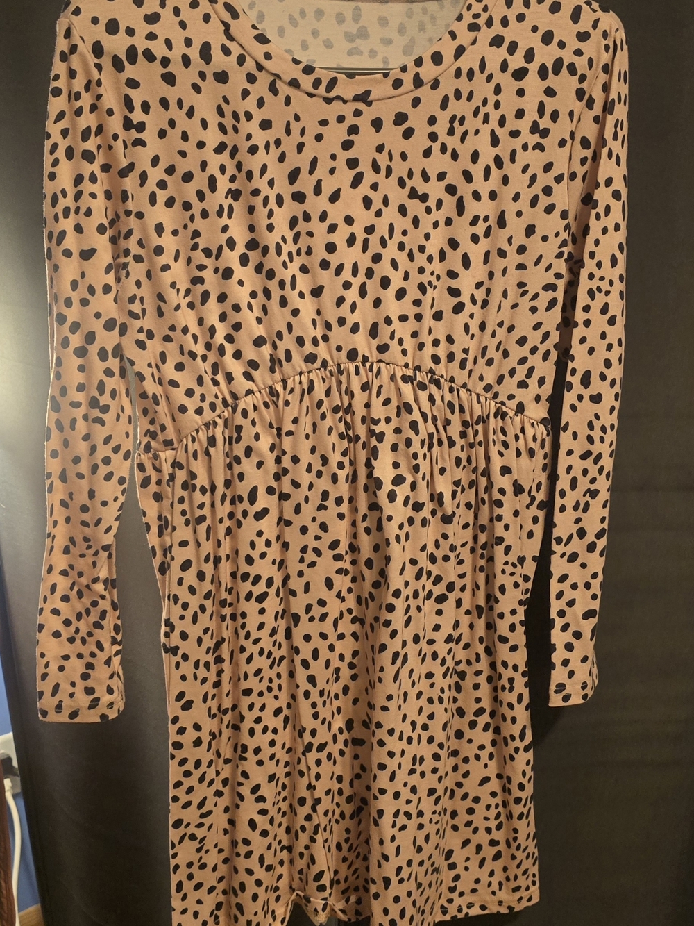 Leopard Print Long Sleeve A-Line Dress - Tan & Black
